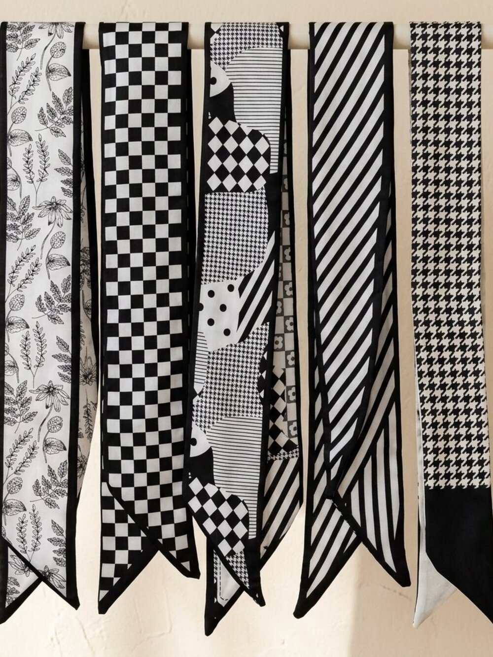 Set of 5 Skinny Satin Silky Scarves – Printed Polyester Neck & Hair Accessories